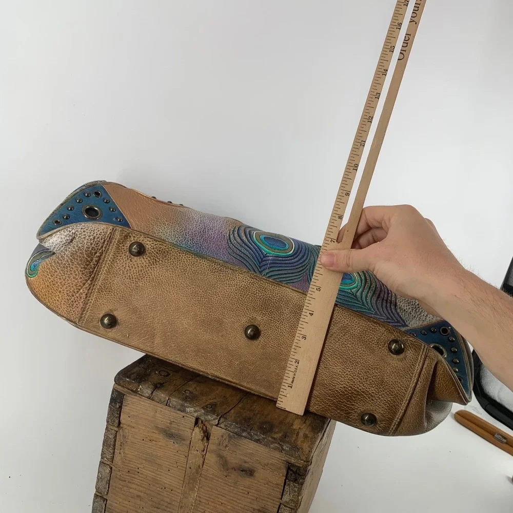 Anuschka Hand Painted Leather Peacock Satchel Bag Blue Bronze Floral Studded NWT
